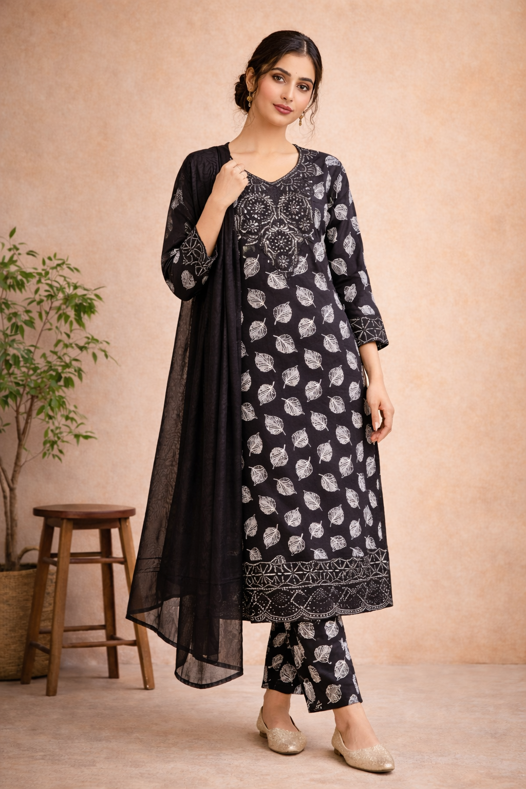 black printed floral embroidered palazzo pant suit