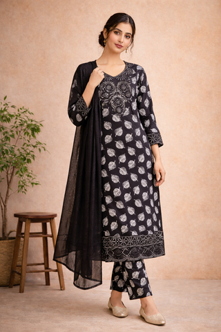 black printed floral embroidered palazzo pant suit