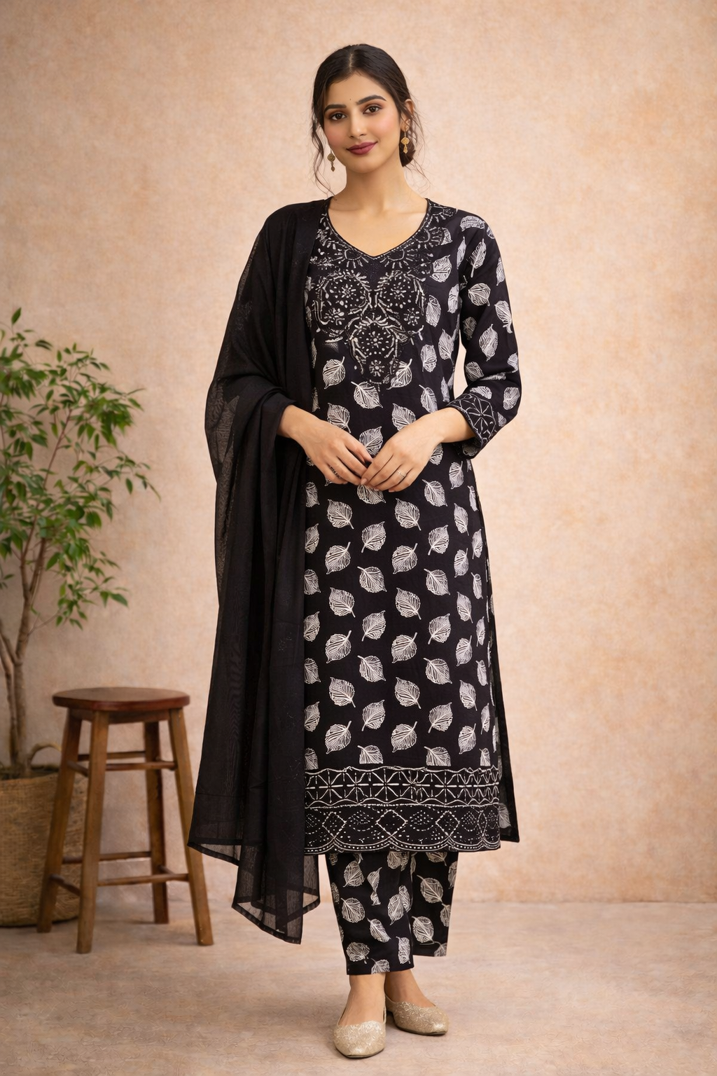 black printed floral embroidered palazzo pant suit