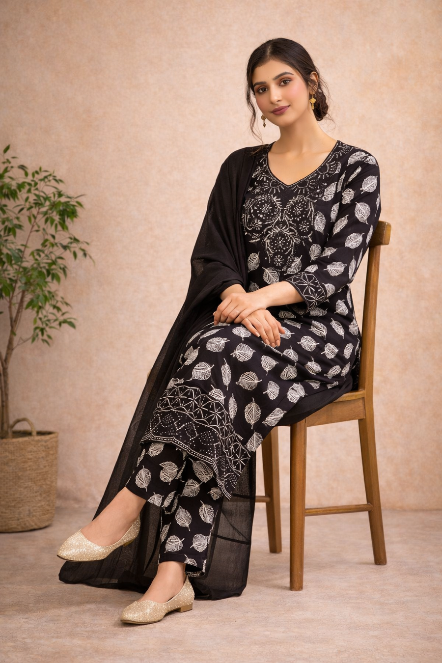 Premium Cotton Ladies Palazzo Pants Suit | Black Floral Embroidered 3 Piece