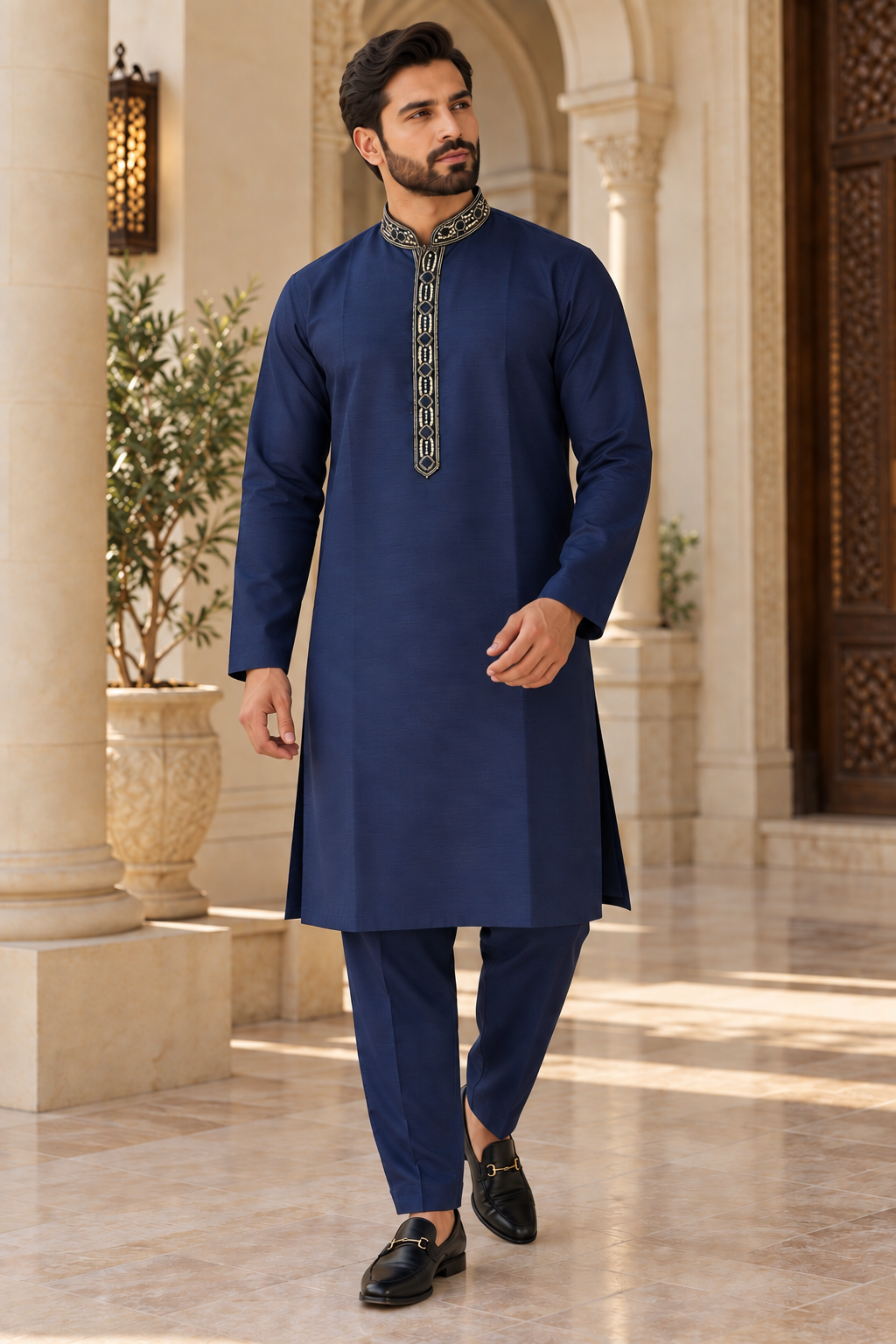 Men’s Navy Blue Dupion Silk Kurta Pajama with White Beading