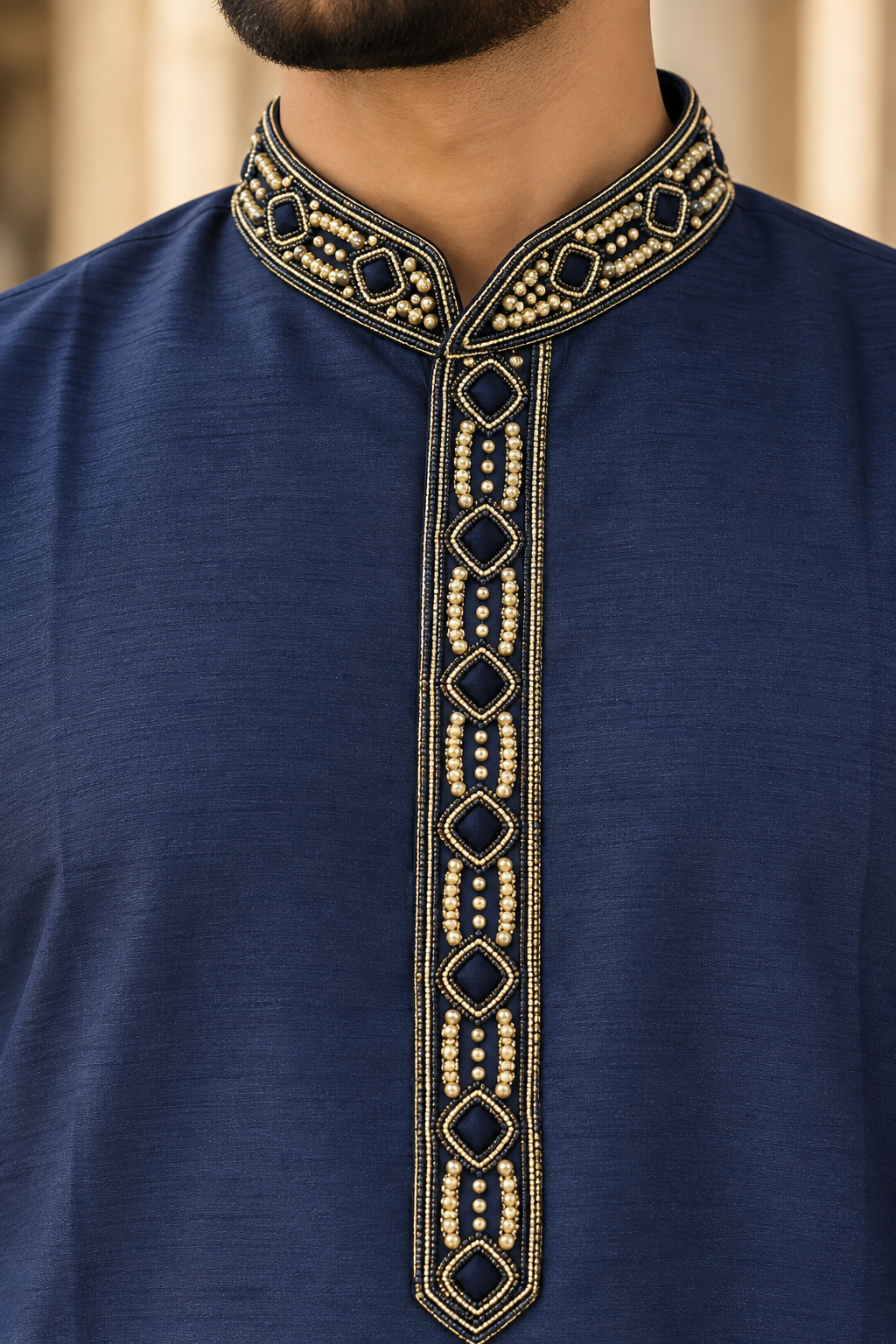 Men’s Navy Blue Dupion Silk Kurta Pajama with White Beading