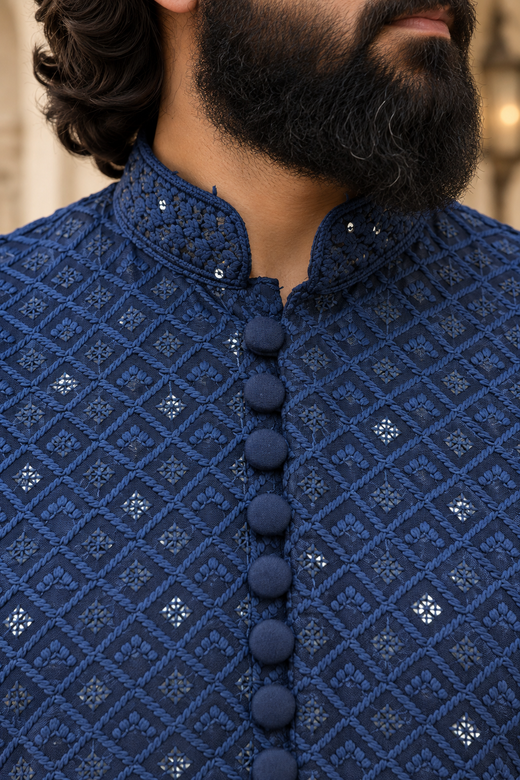 Men’s Blue Chikankari Kurta Pajama with Embroidery & Sequin Detail
