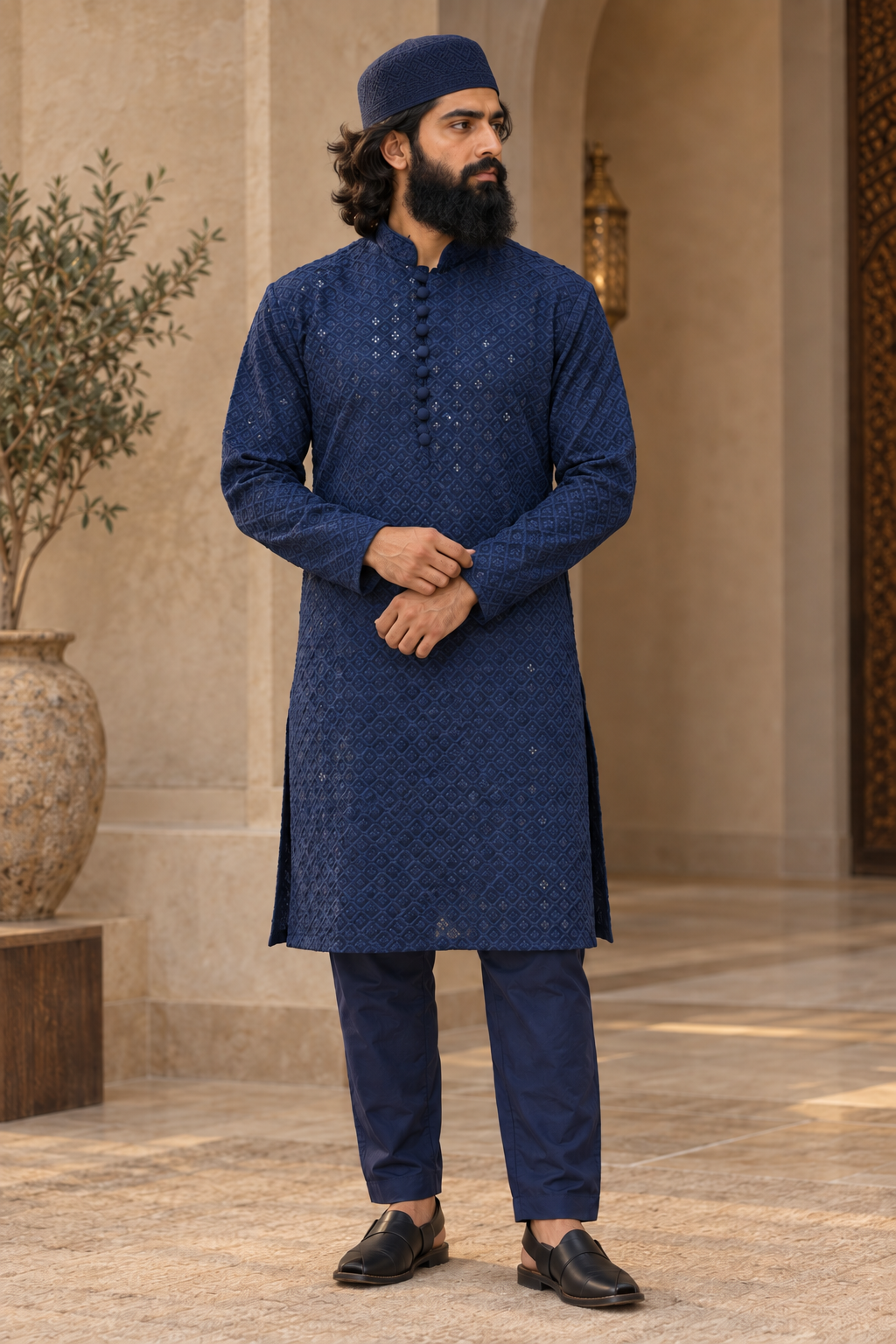Men’s Blue Chikankari Kurta Pajama with Embroidery & Sequin Detail