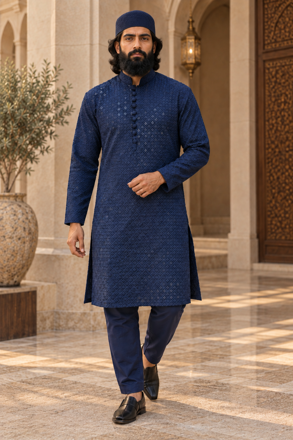 Men’s Blue Chikankari Kurta Pajama with Embroidery & Sequin Detail