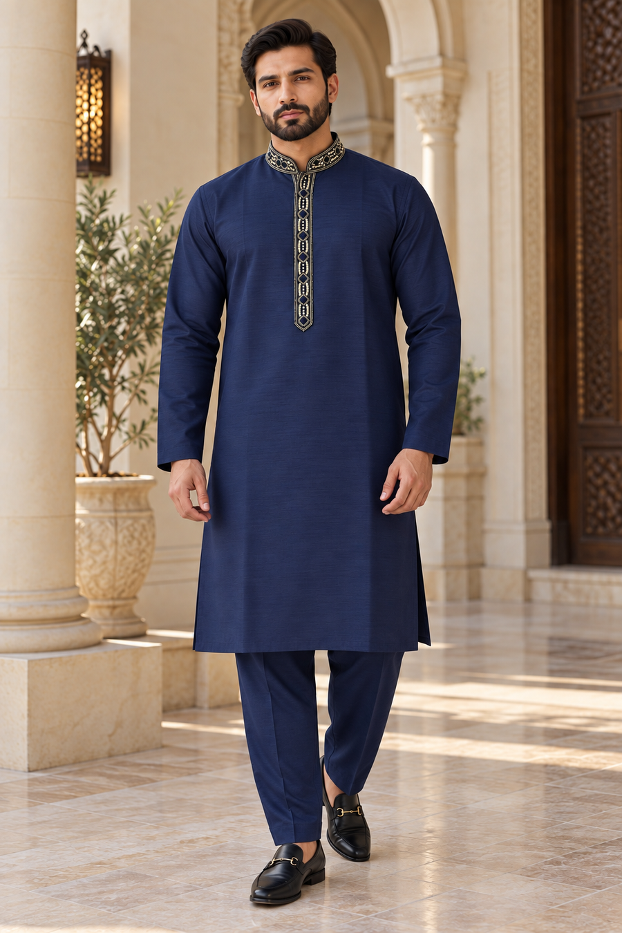 Men’s Navy Blue Dupion Silk Kurta Pajama with White Beading