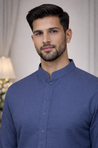 blue mens pakistani shalwar kameez close view