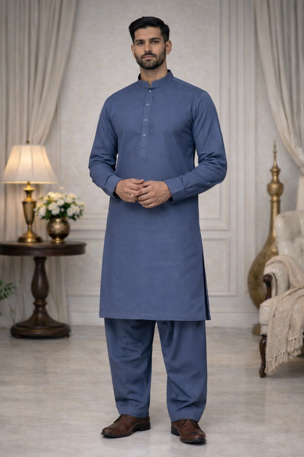 blue mens pakistani shalwar kameez full view