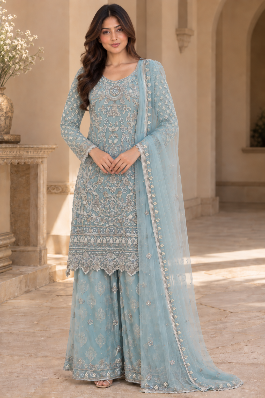 Powder Blue Embroidered Net Palazzo Suit