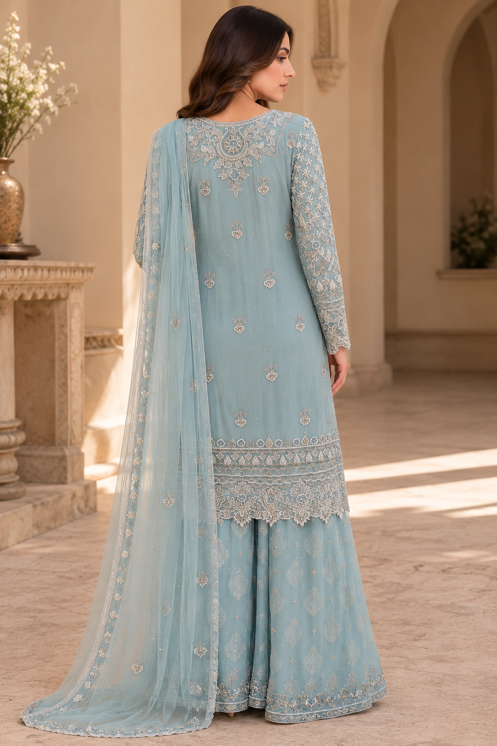 Powder Blue Embroidered Net Palazzo Suit