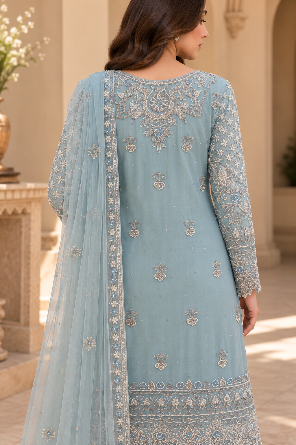 Powder Blue Embroidered Net Palazzo Suit