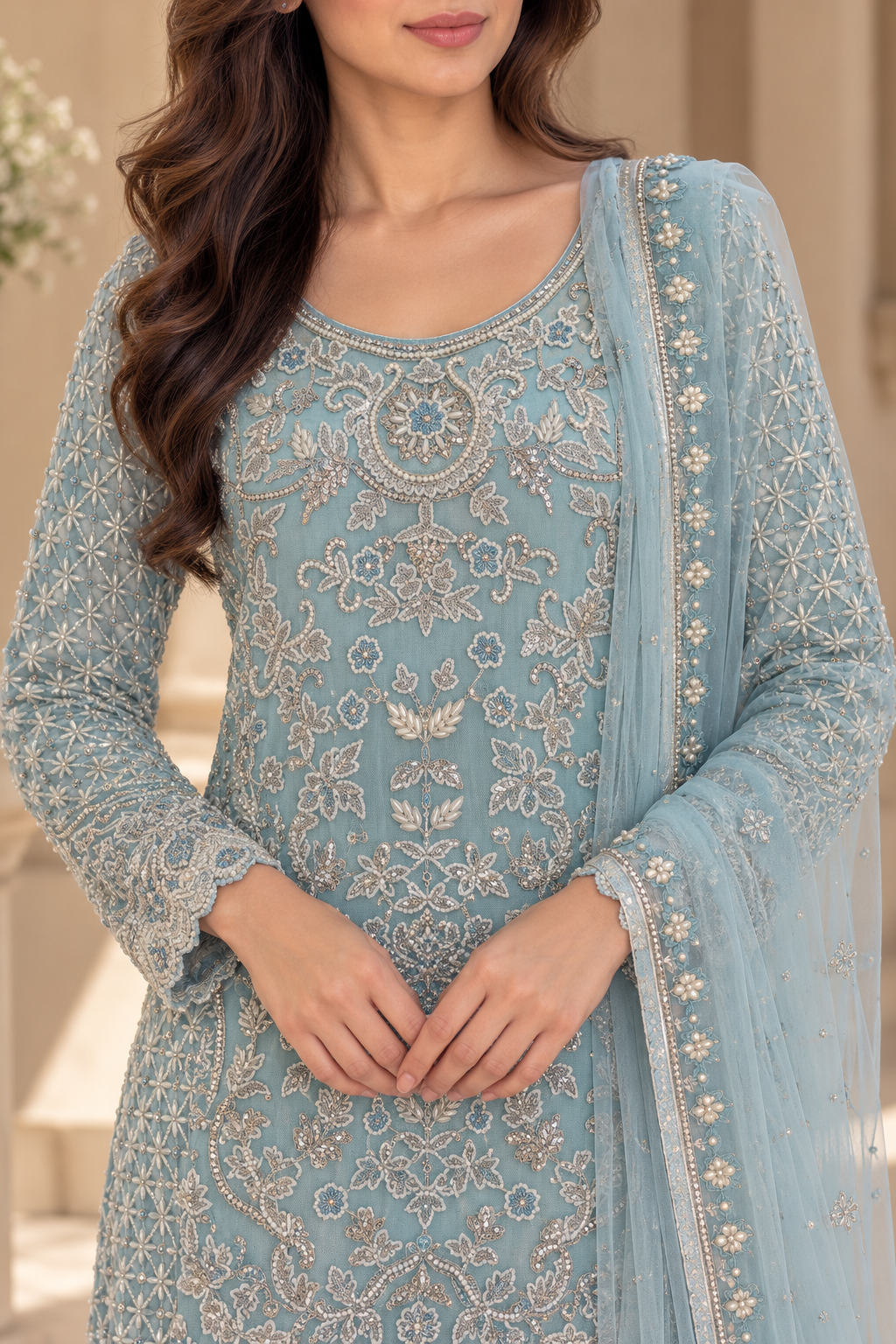 Powder Blue Embroidered Net Palazzo Suit