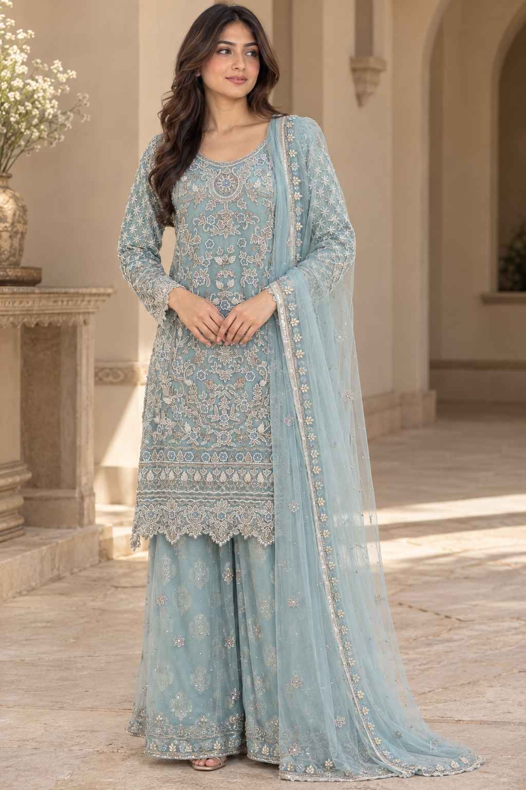 Powder Blue Embroidered Net Palazzo Suit