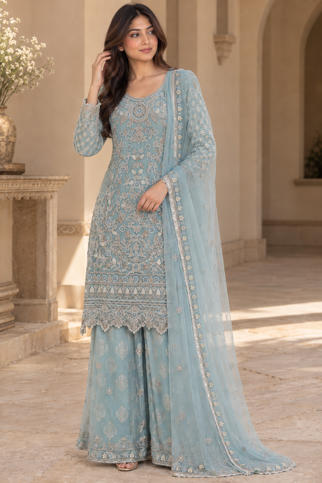 Powder Blue Embroidered Net Palazzo Suit