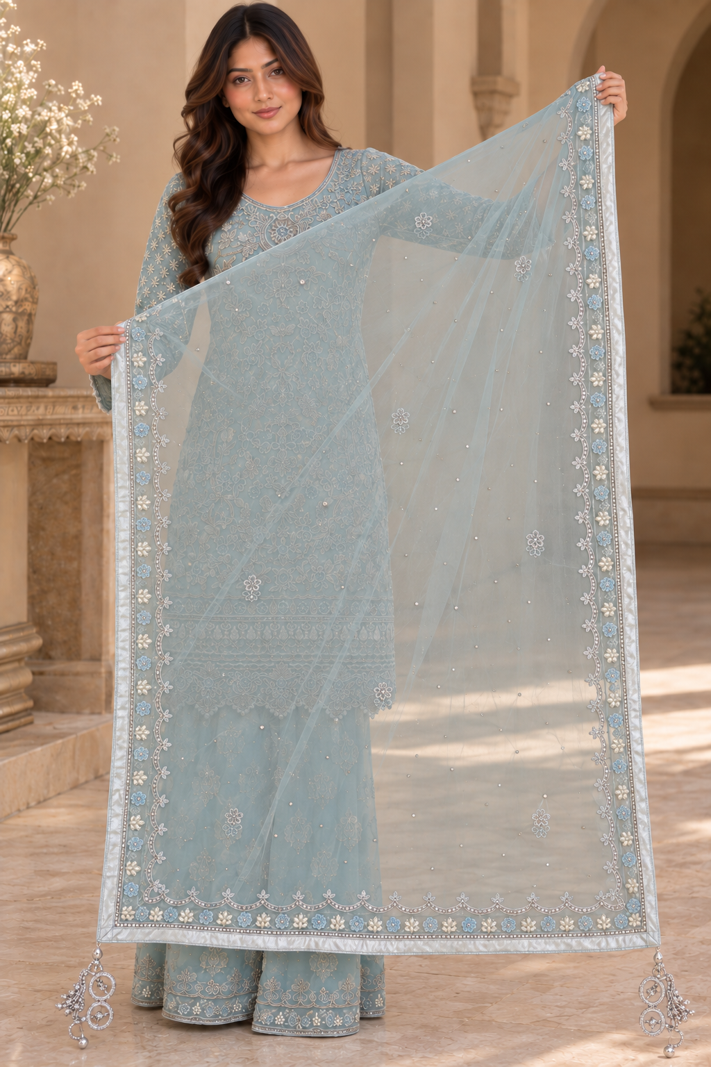 Powder Blue Embroidered Net Palazzo Suit