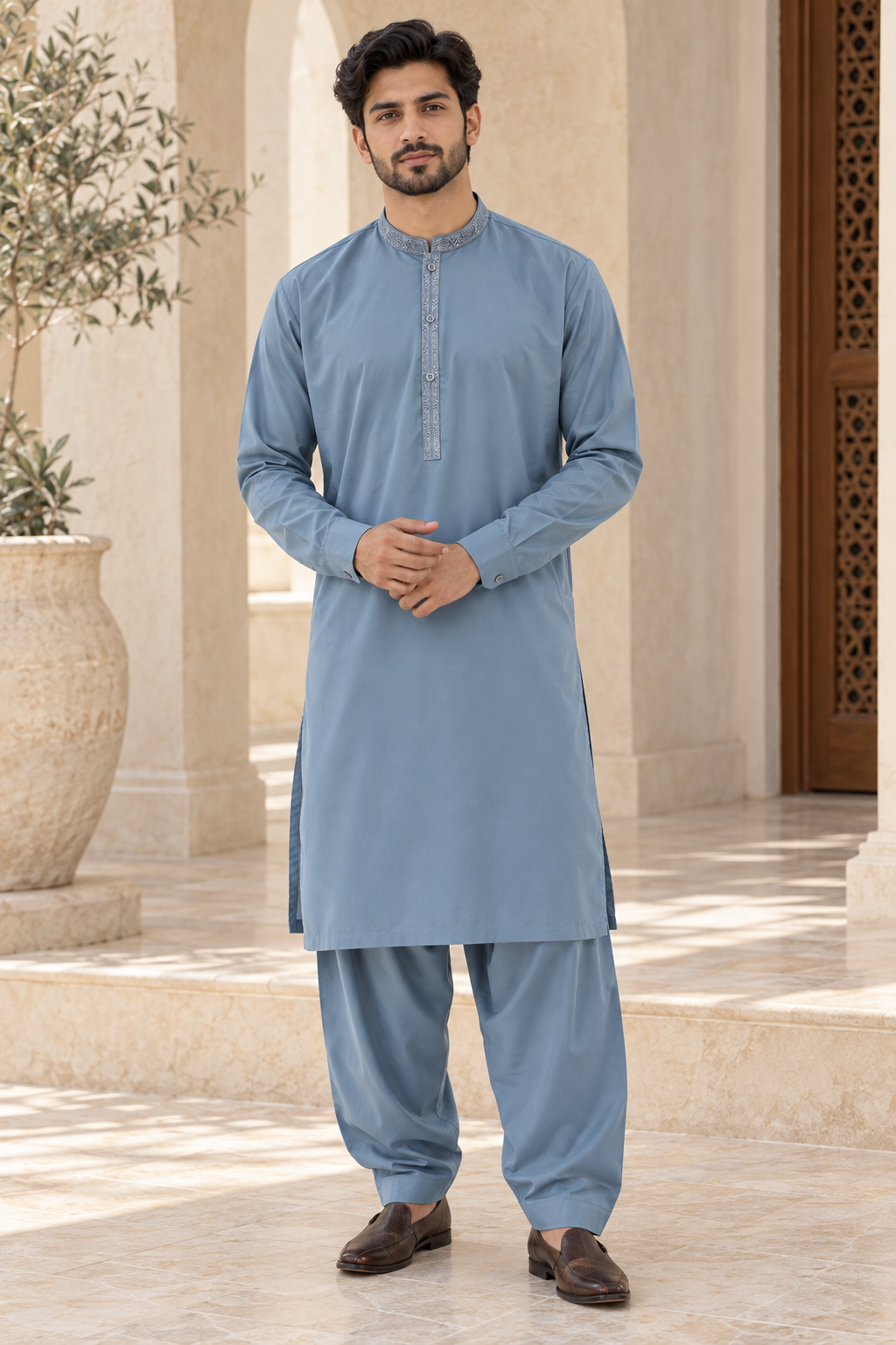Men’s Blue Embroidered Pakistani Shalwar Kameez