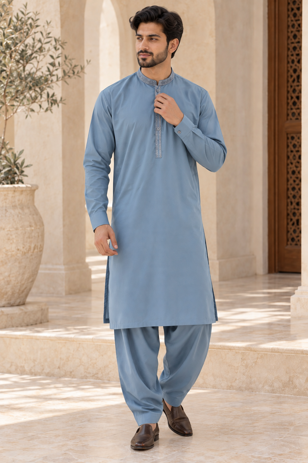 Men’s Blue Embroidered Pakistani Shalwar Kameez