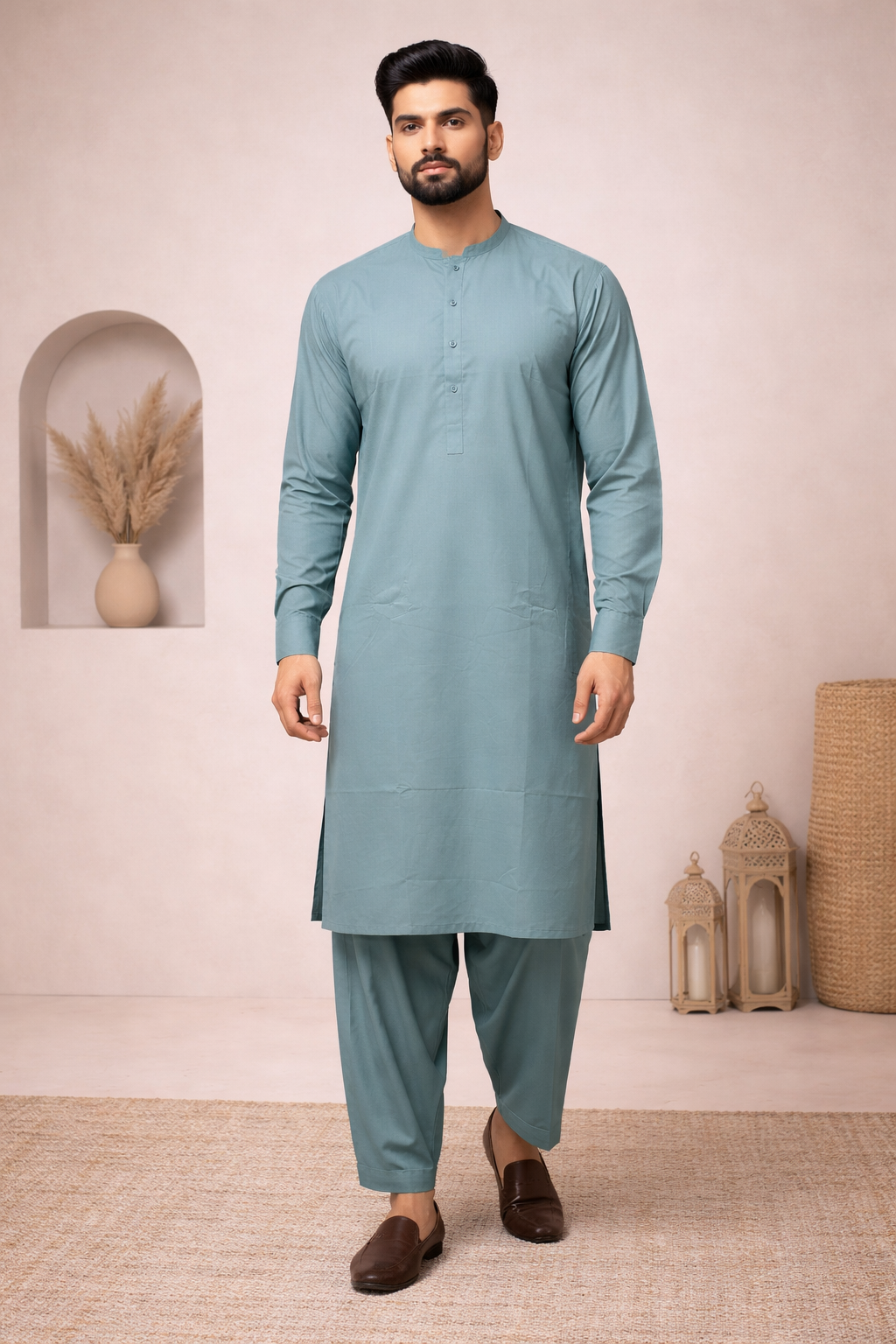 Aqua round neck men’s shalwar kameez outfit