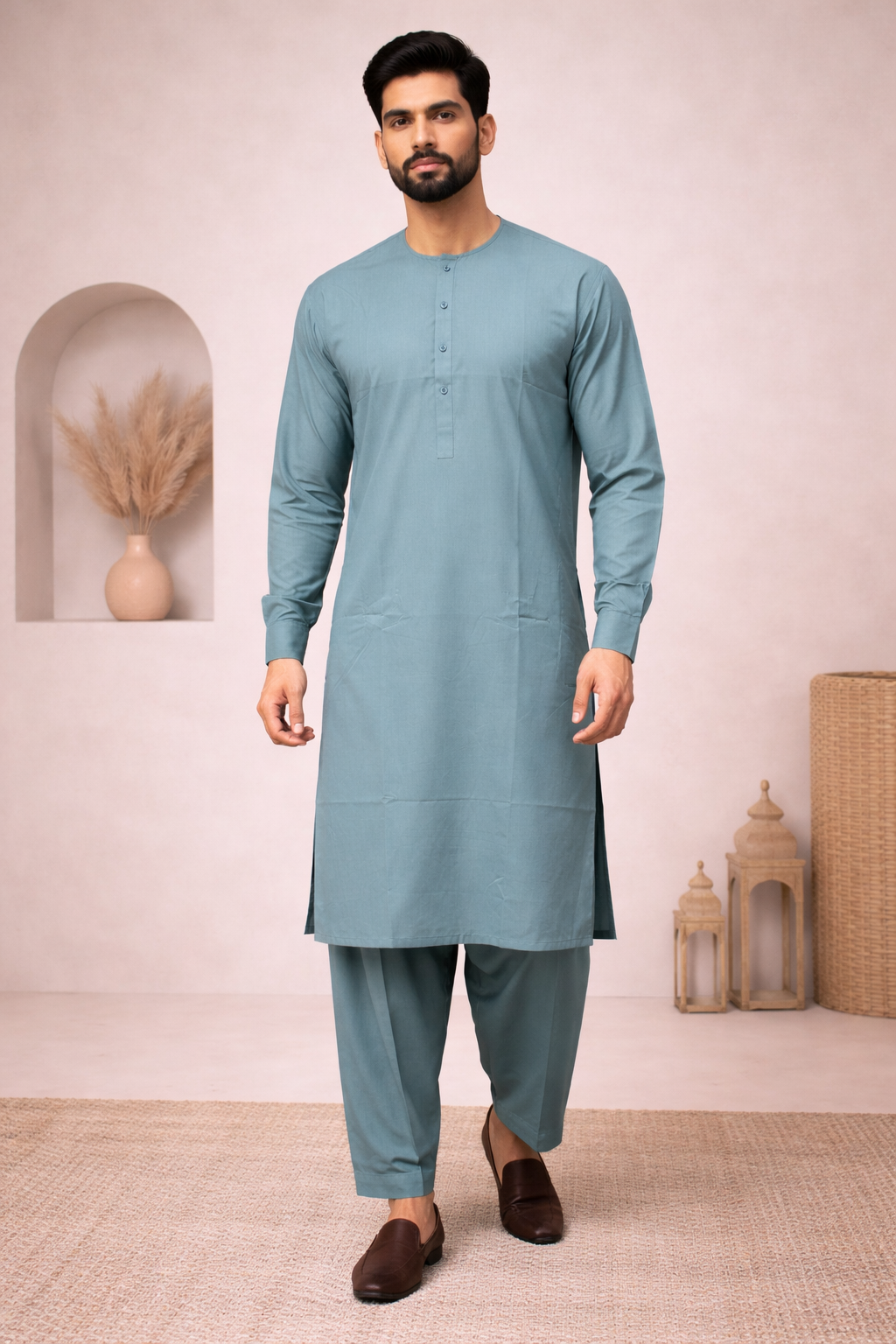 Casual aqua men’s shalwar kameez front view