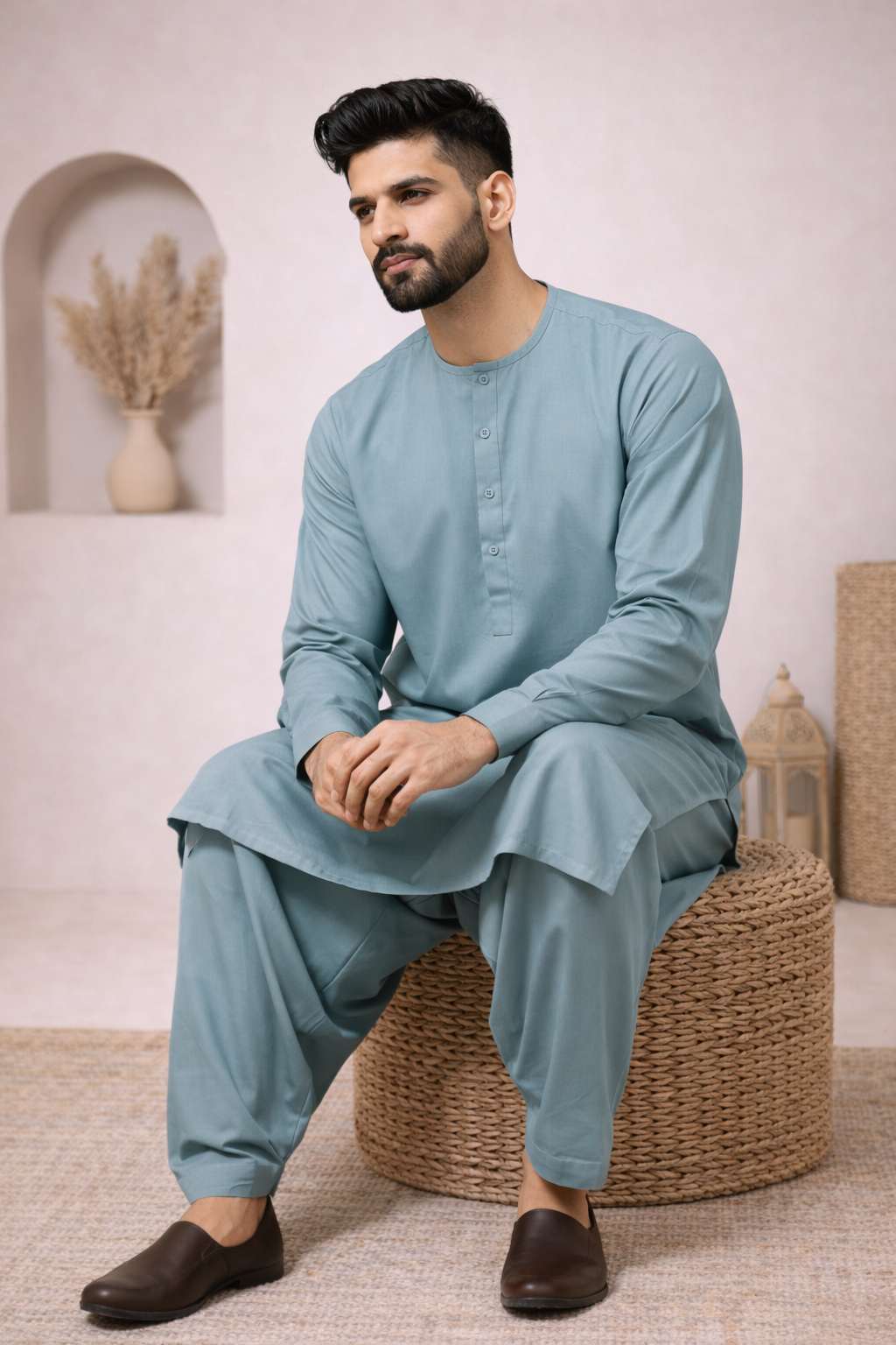 Man wearing a aqua plain casual shalwar kameez sitting on a woven stool indoors.