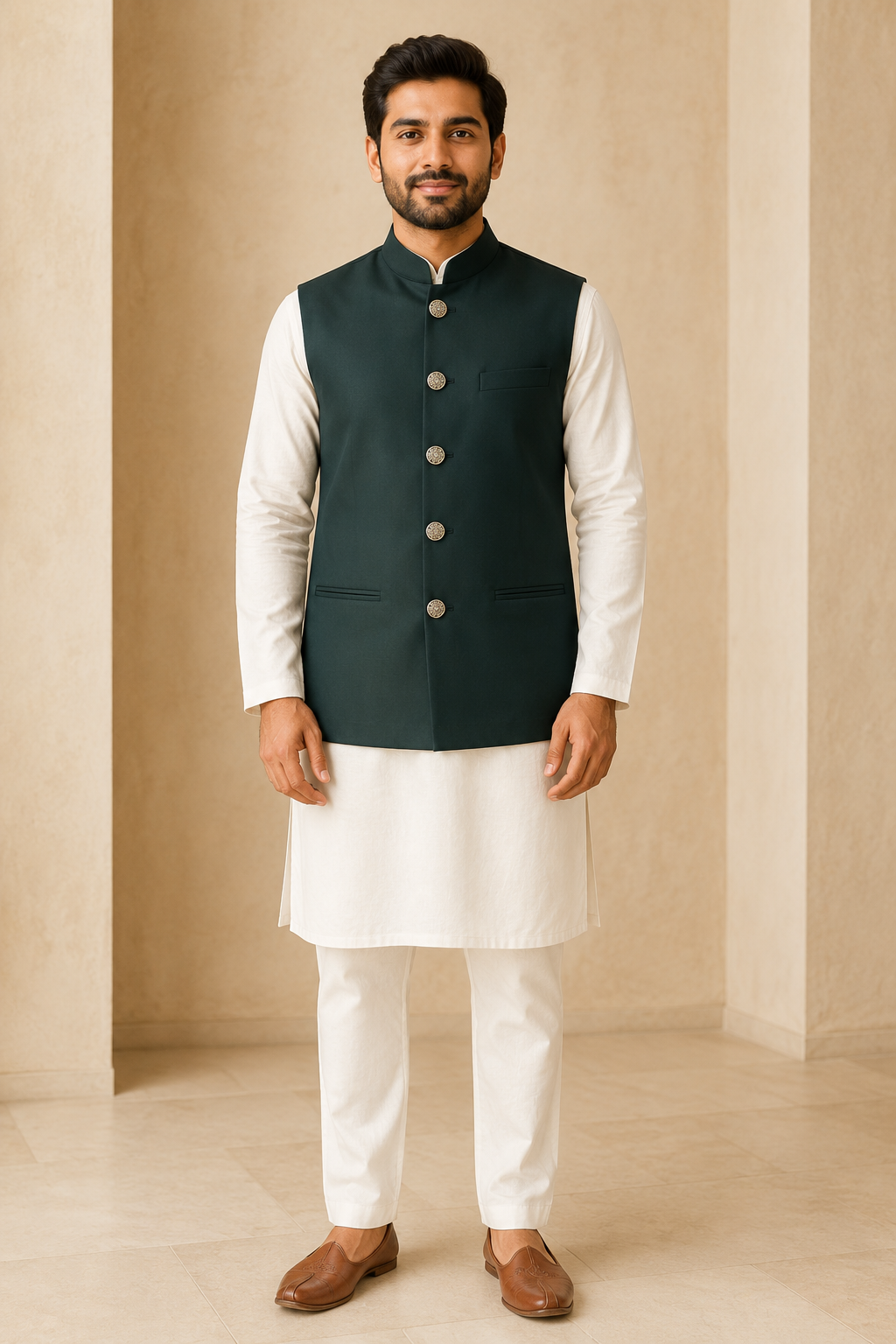 Mens Indian Nehru Jacket Bottle Green Full Pose 