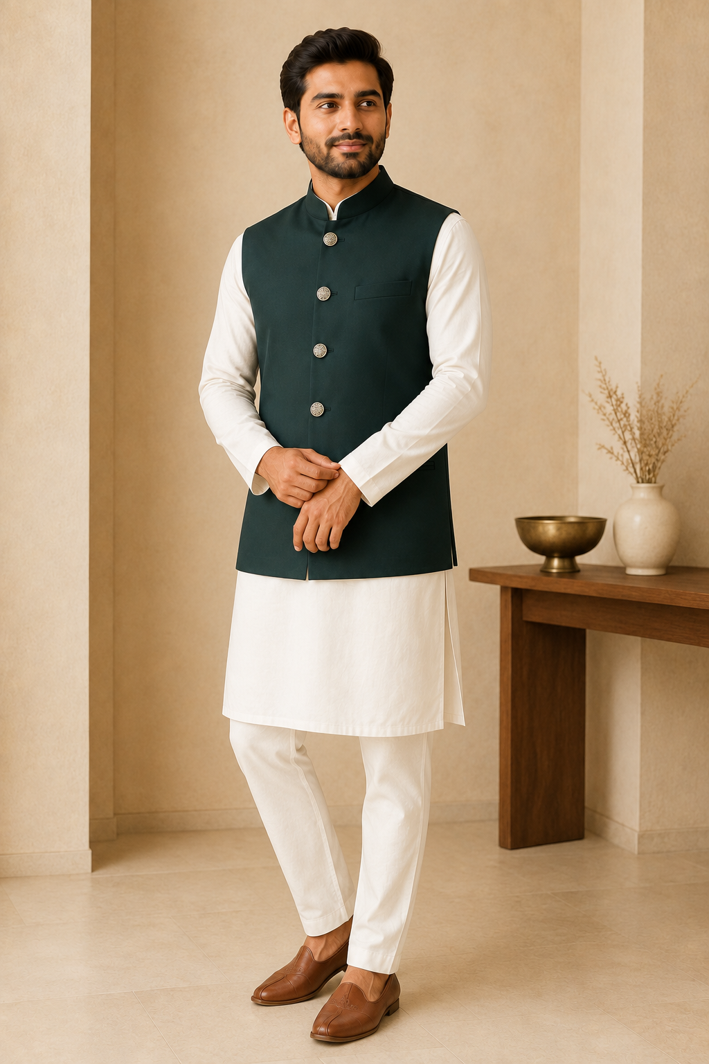 Mens Indian Nehru Jacket Bottle Green Full Pose 