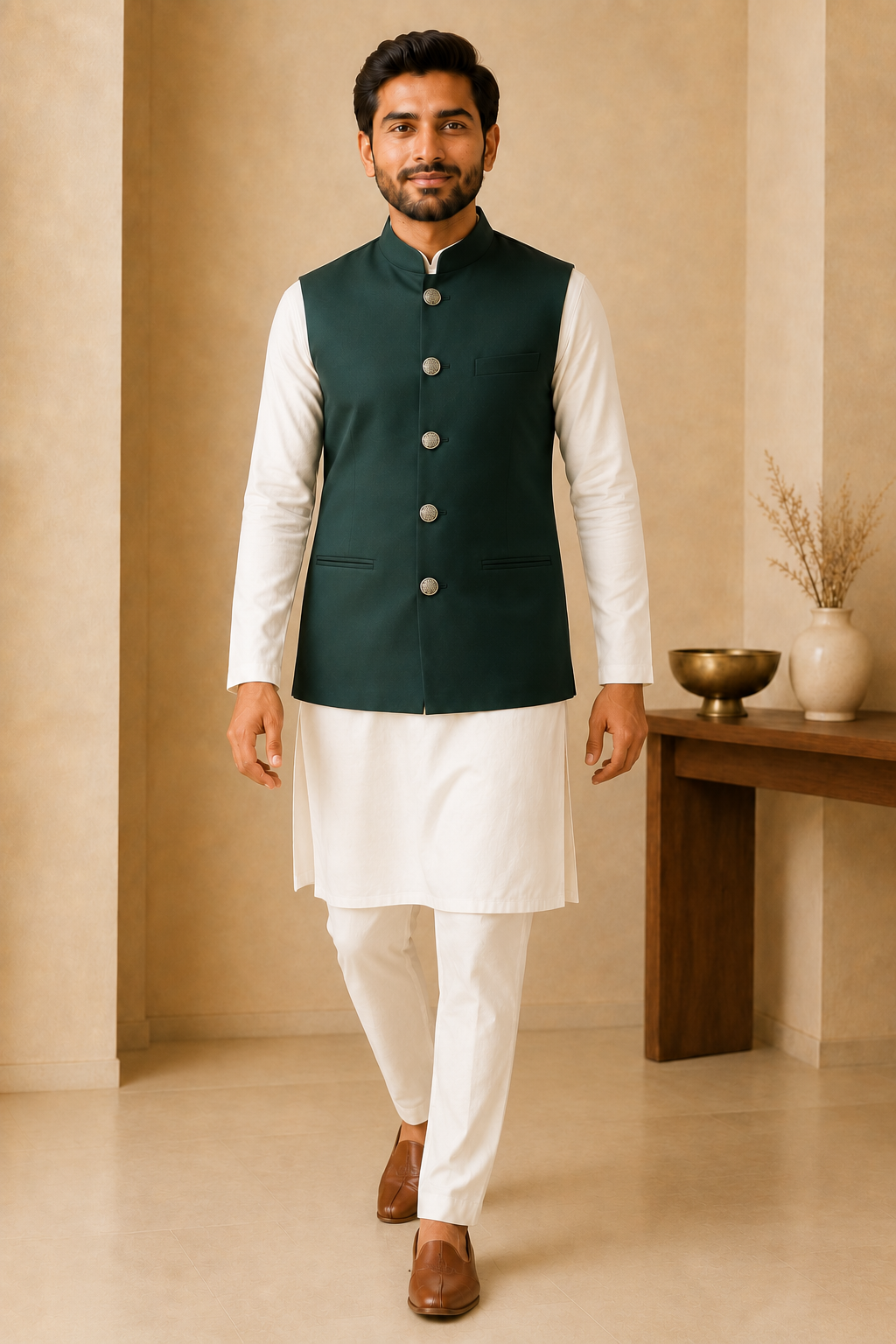 Mens Indian Nehru Jacket Bottle Green Full Pose For weddings and casual wear, and festive celebrations