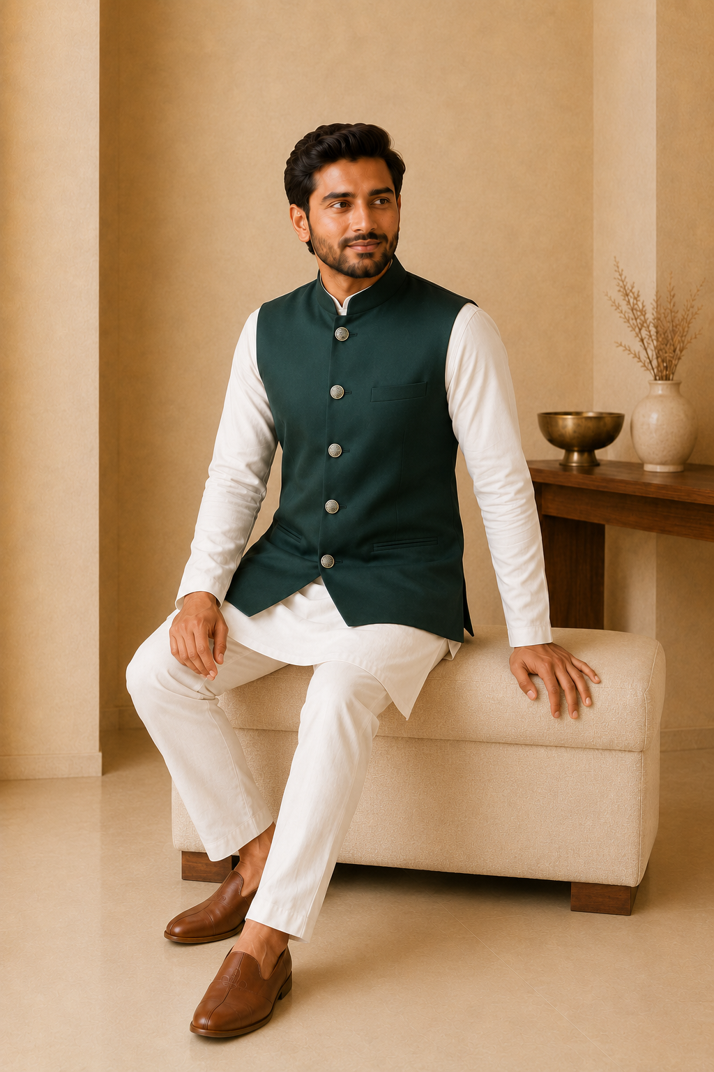 Mens Indian Nehru Jacket Bottle Green Seated pose For weddings and casual wear, and festive celebrations