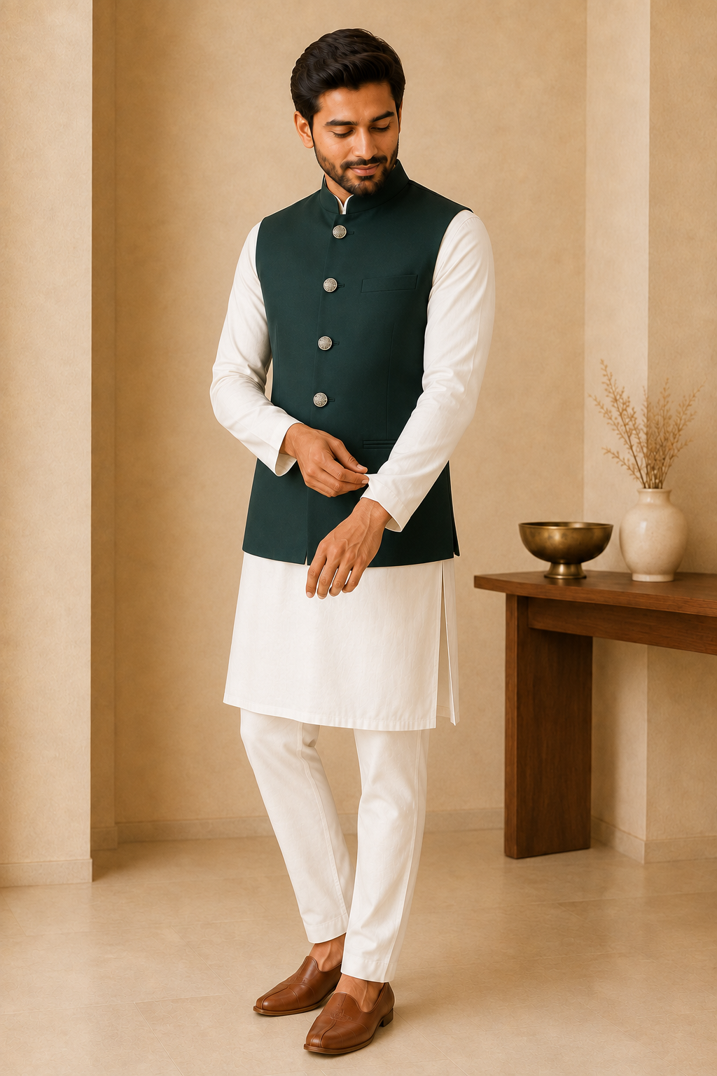 Mens Indian Nehru Jacket Bottle Green Full Pose 