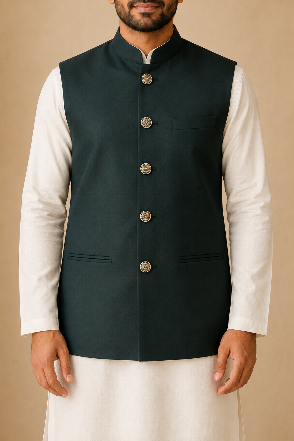 Mens Indian Nehru Jacket Bottle Green Full Pose 