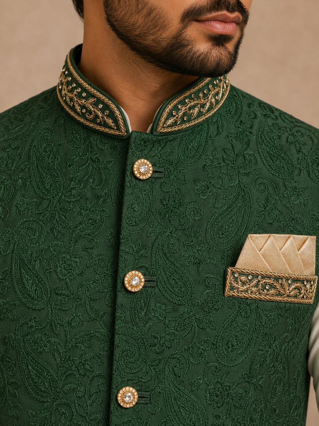 Mens bottle green indian nehru jacket close up