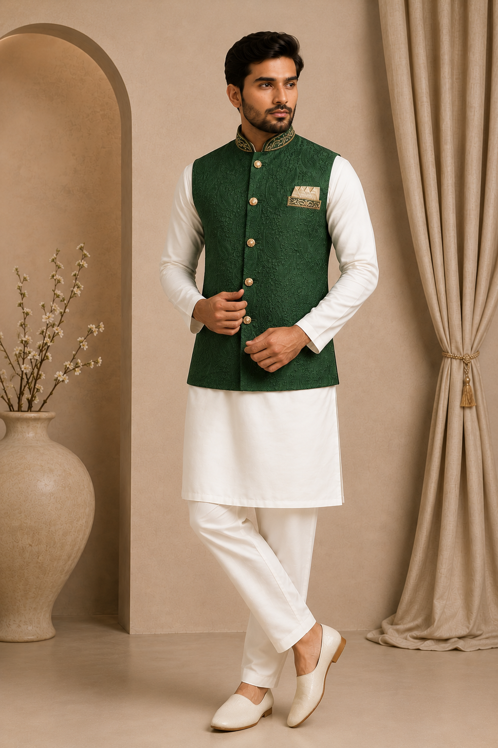 Mens bottle green indian nehru jacket full view