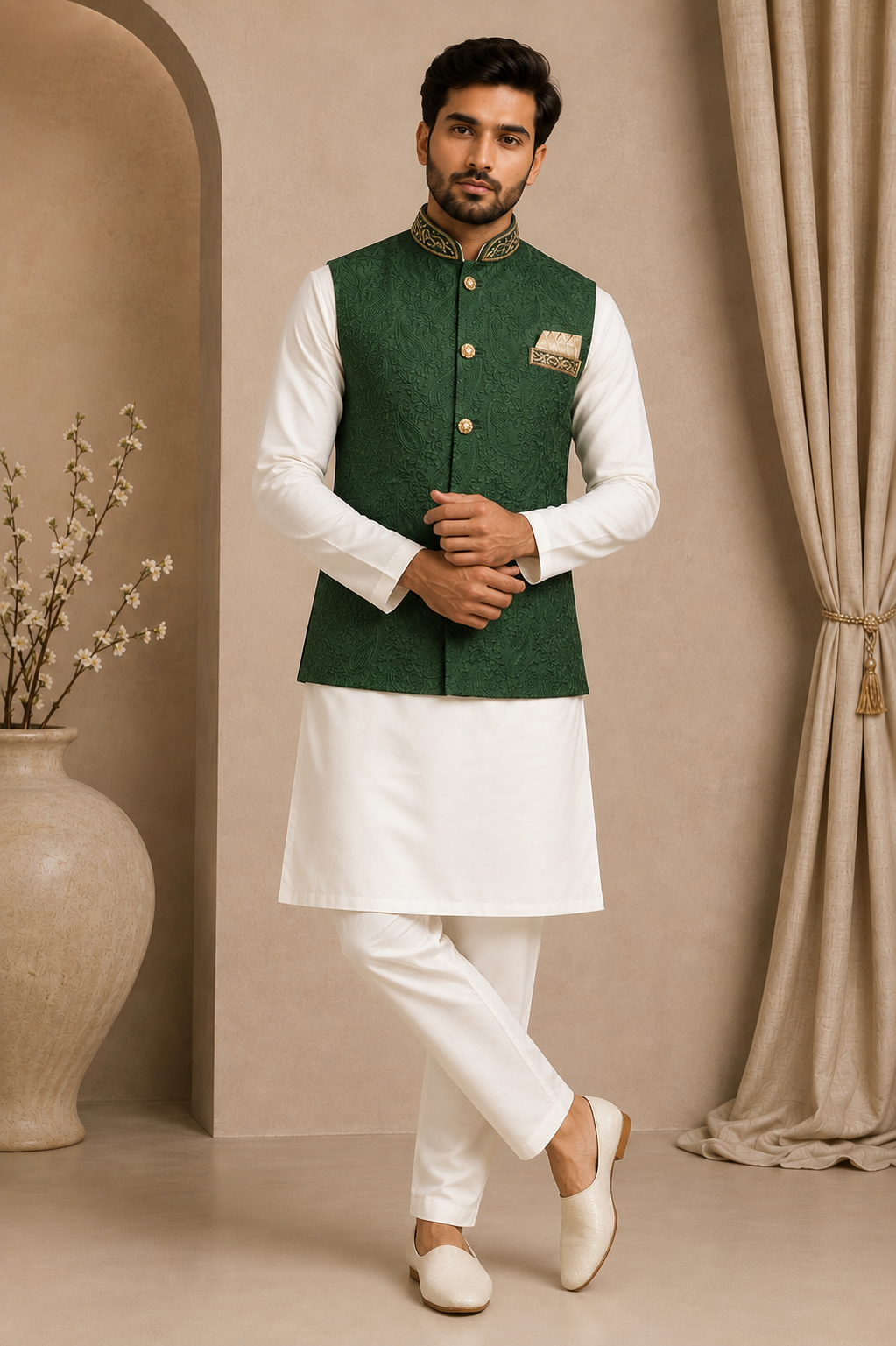 Mens bottle green indian nehru jacket full view