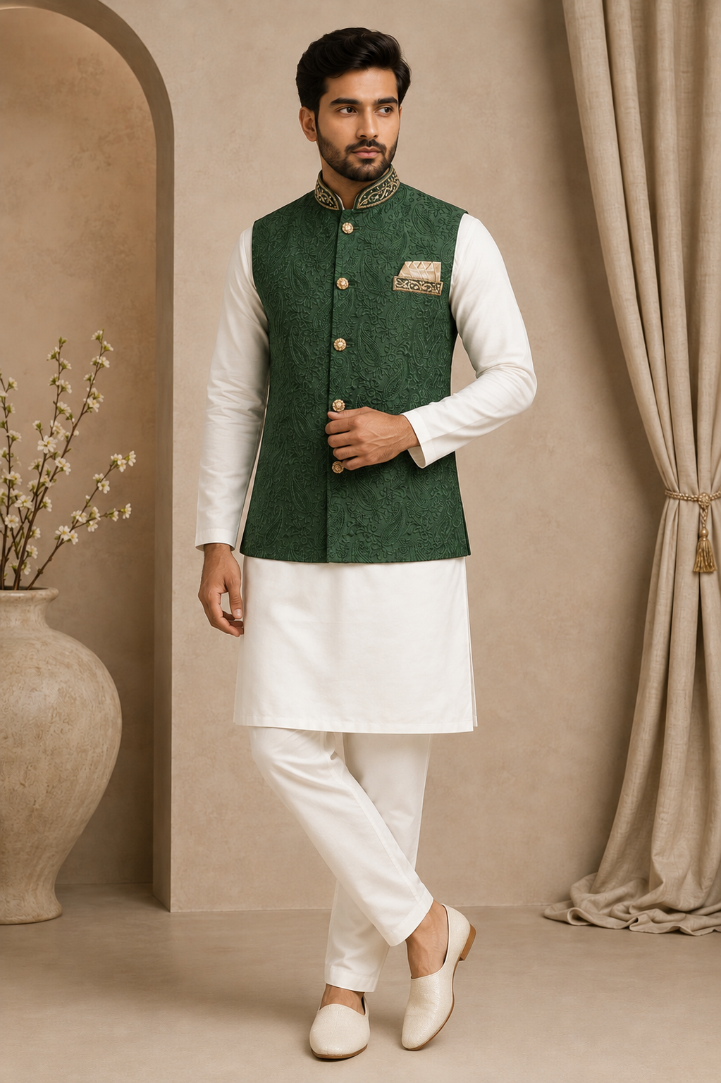 Mens bottle green indian nehru jacket full view