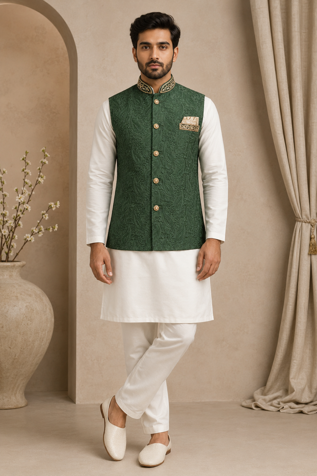 Mens bottle green indian nehru jacket full view