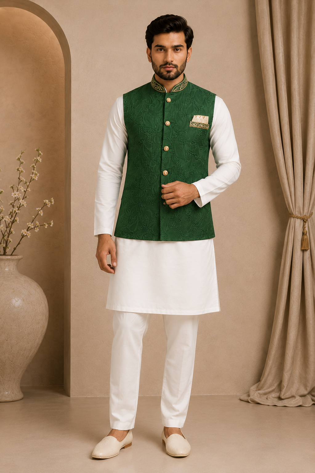 Mens bottle green indian nehru jacket full view