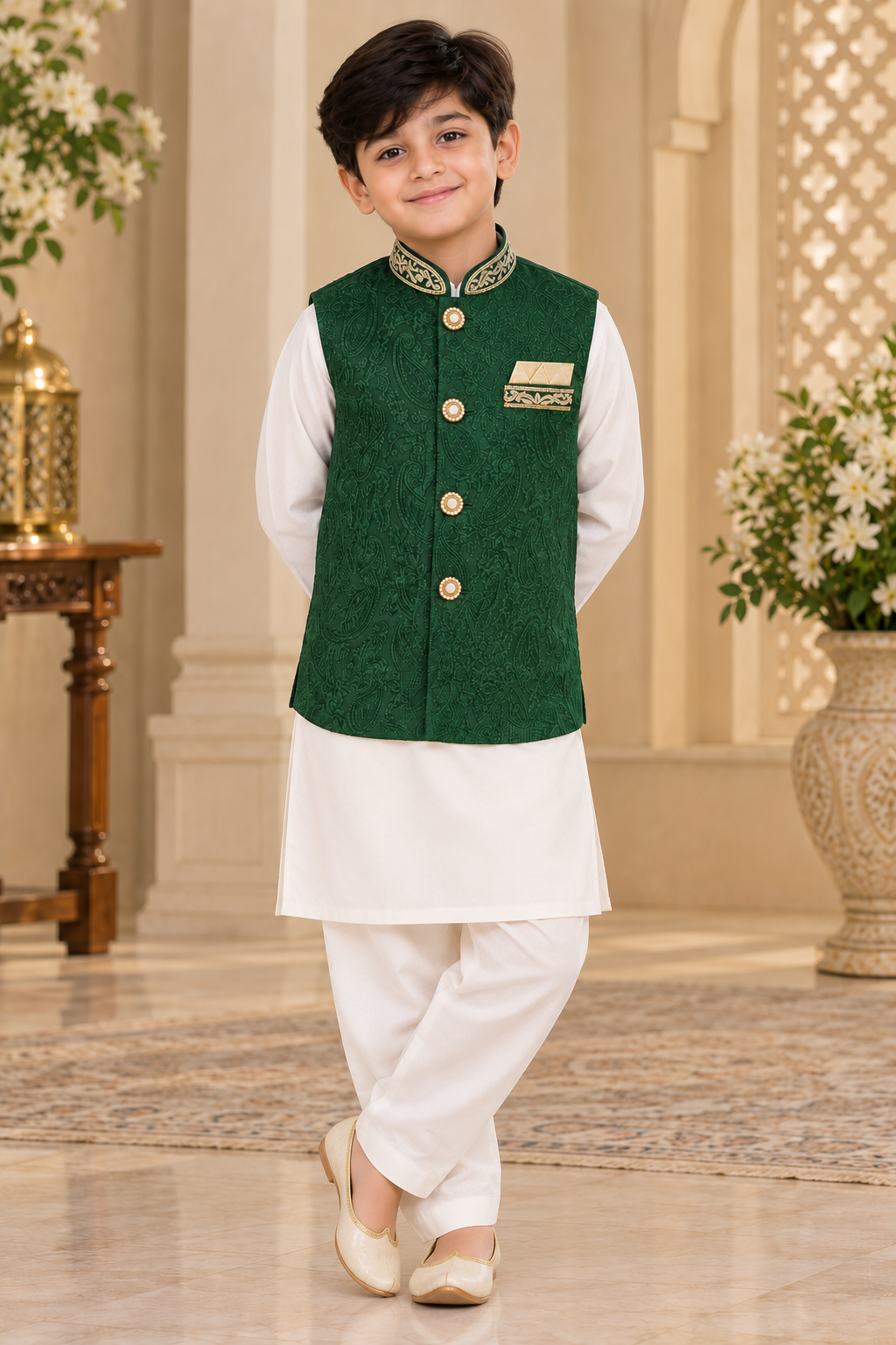 Boys Bottle Green Embroidered Indian Nehru Jacket Waistcoat