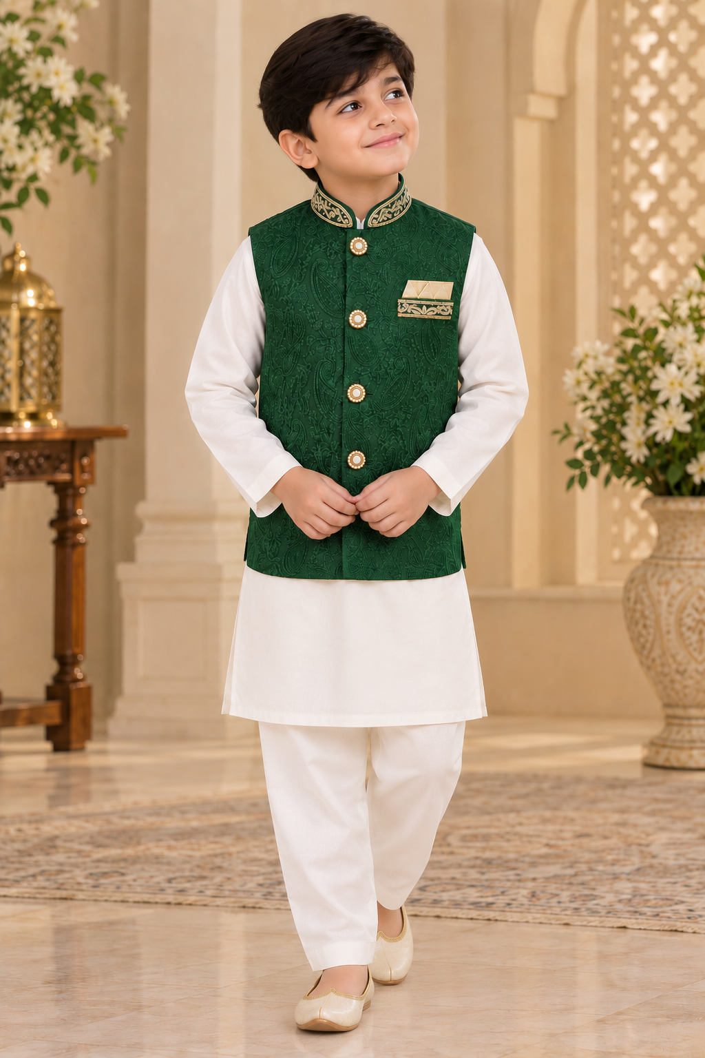 Boys Bottle Green Embroidered Indian Nehru Jacket Waistcoat
