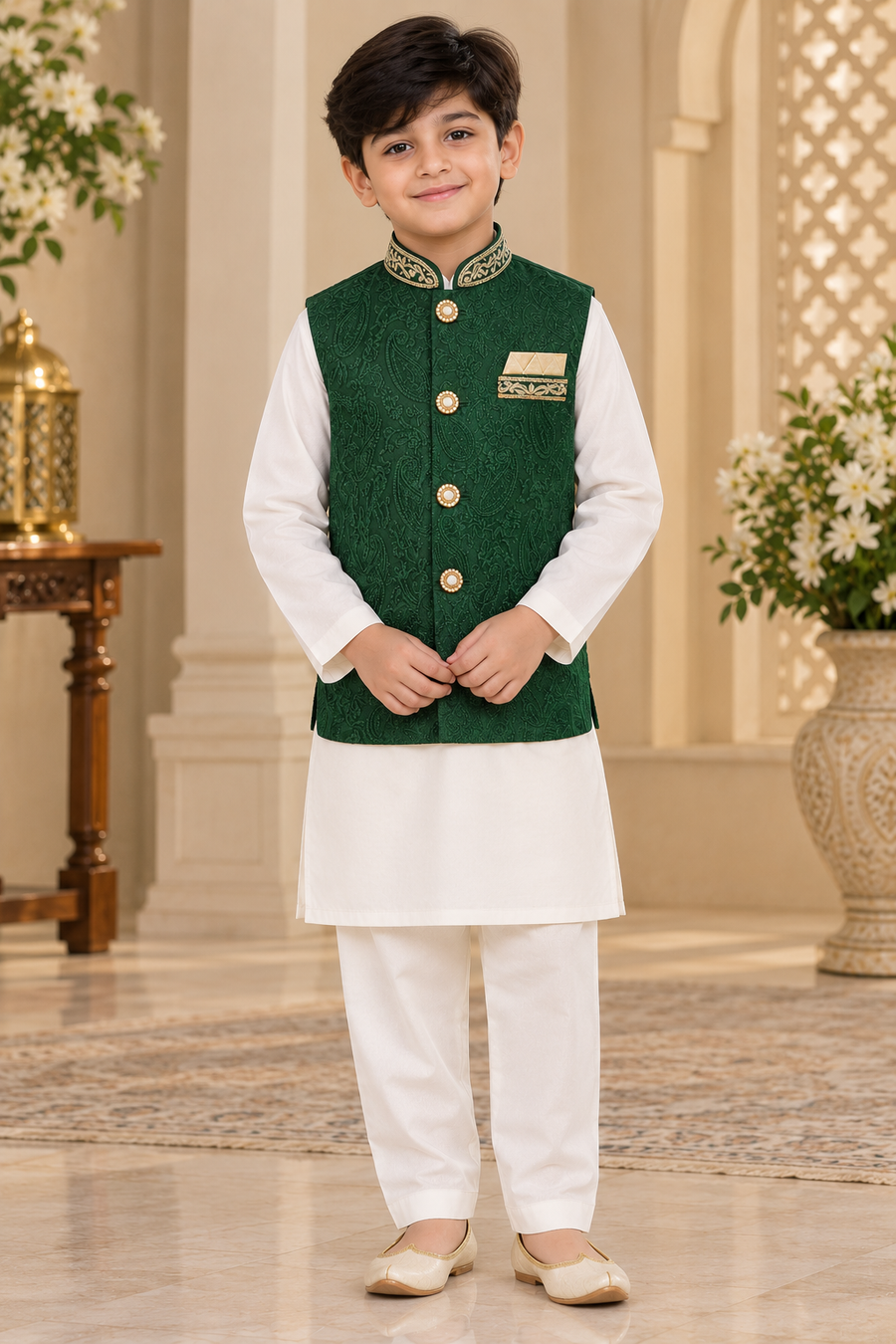 Boys Bottle Green Embroidered Indian Nehru Jacket Waistcoat