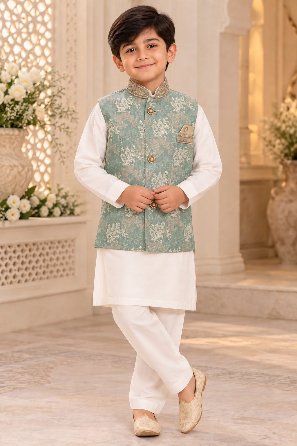 Boys Green Indian Nehru Jacket Waistcoat