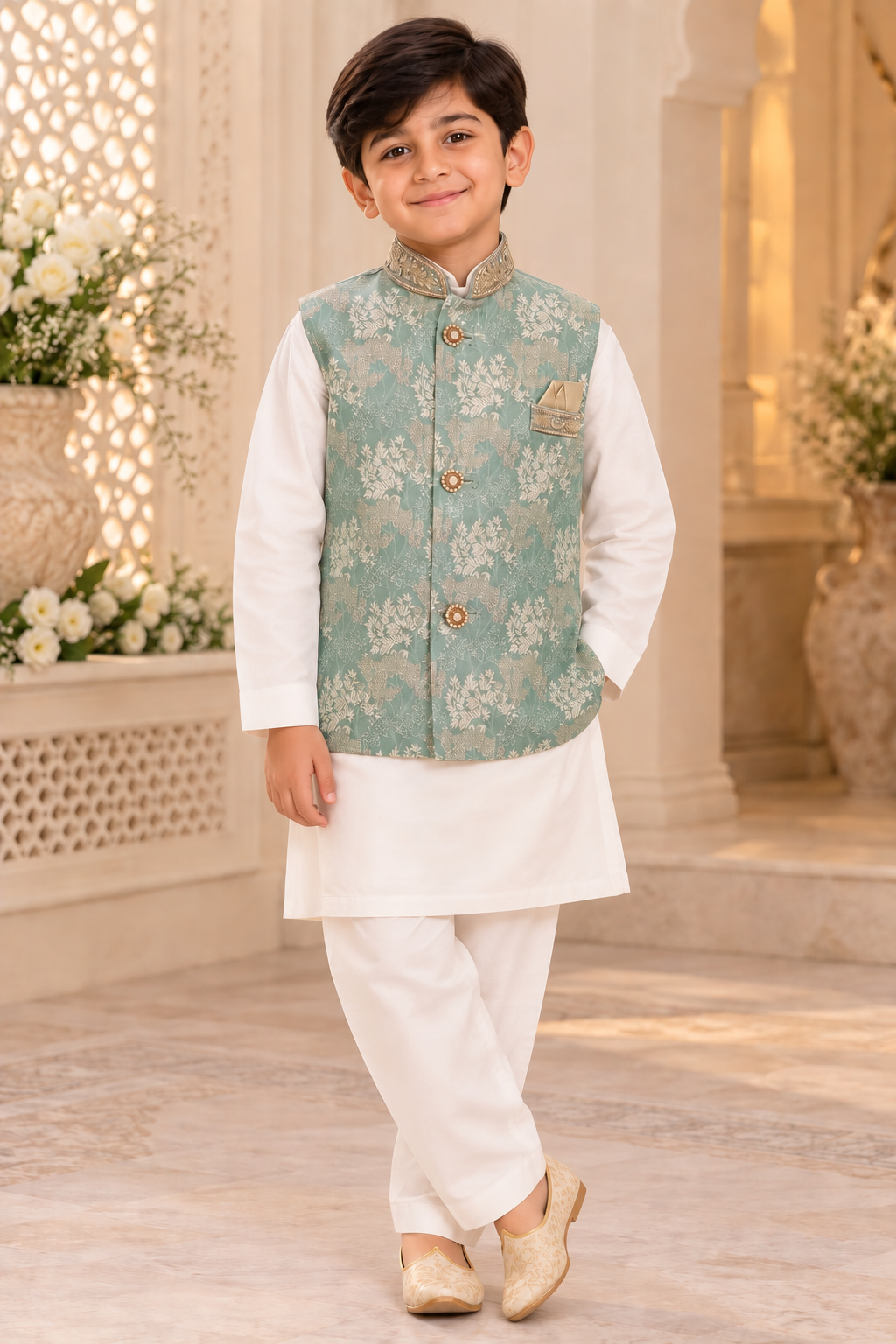 Boys Green Indian Nehru Jacket Waistcoat