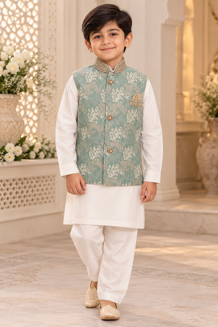 Boys Green Indian Nehru Jacket Waistcoat