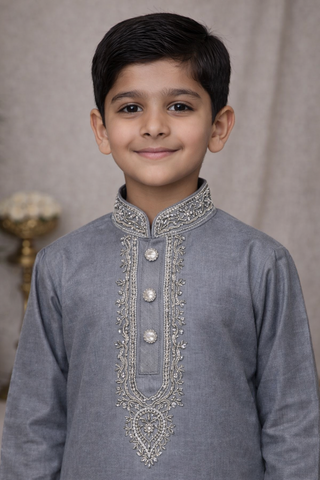 Boys Grey Kurta Pajama Close Up View