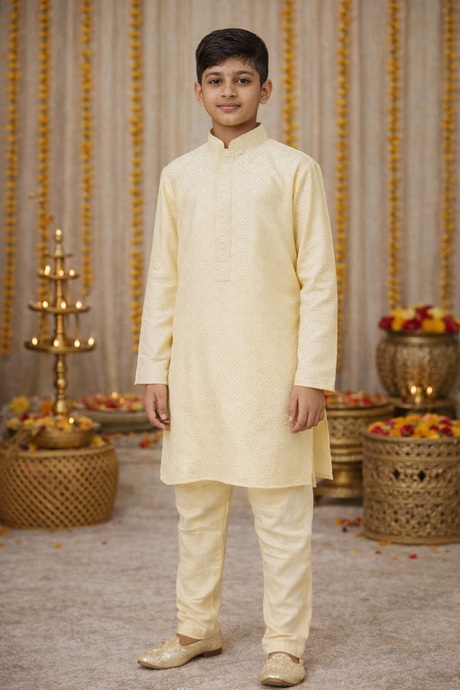 Cream  Boys Kurta Pajama - Wedding Wear