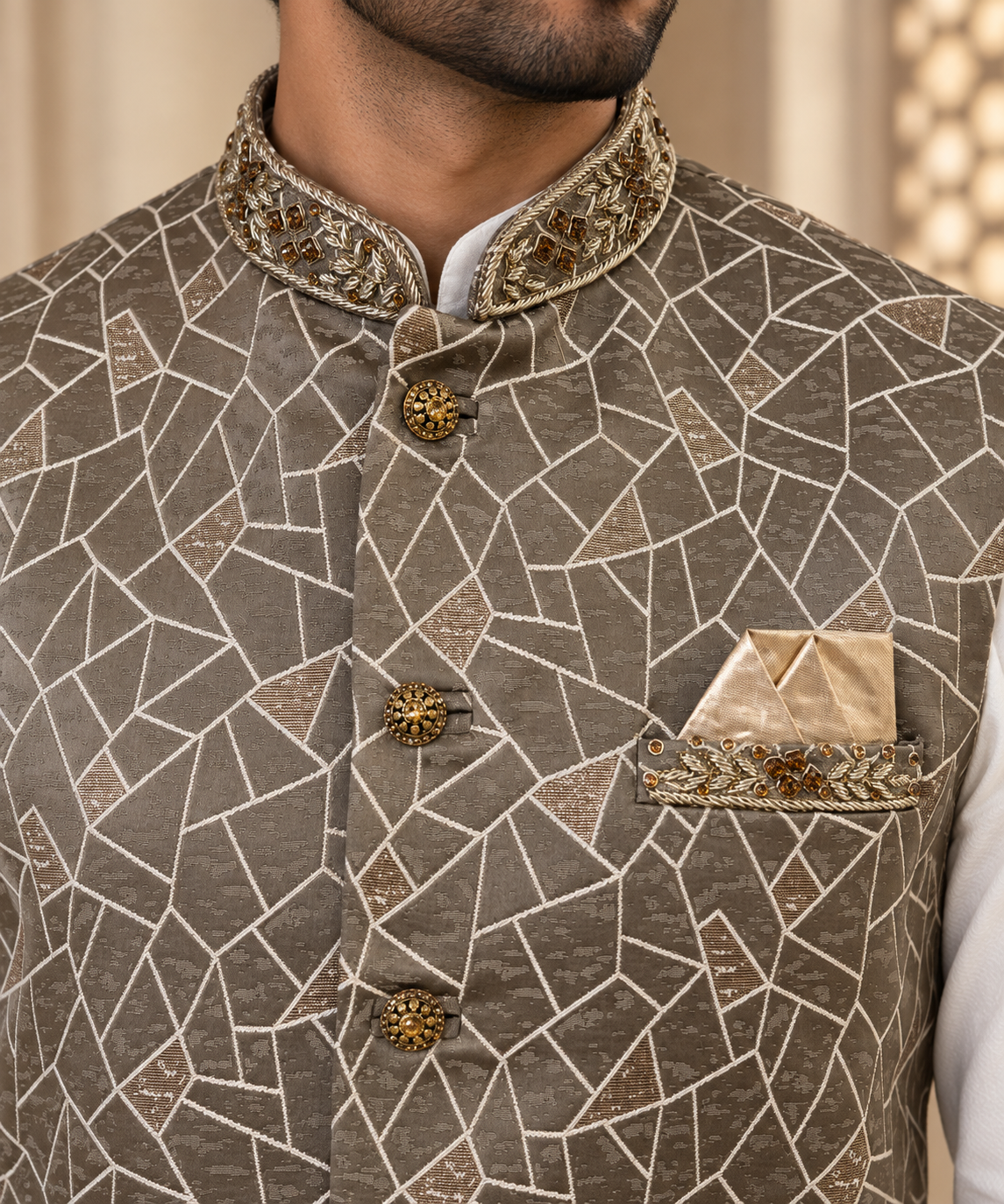 Men’s Taupe Jacquard Indian Nehru Jacket