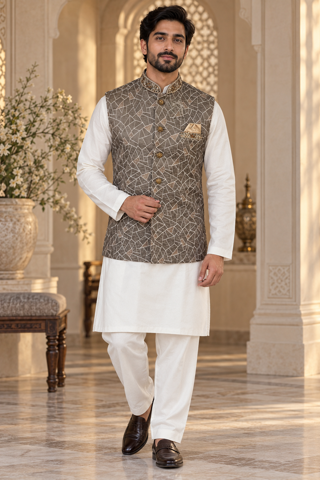 Men’s Taupe Jacquard Indian Nehru Jacket