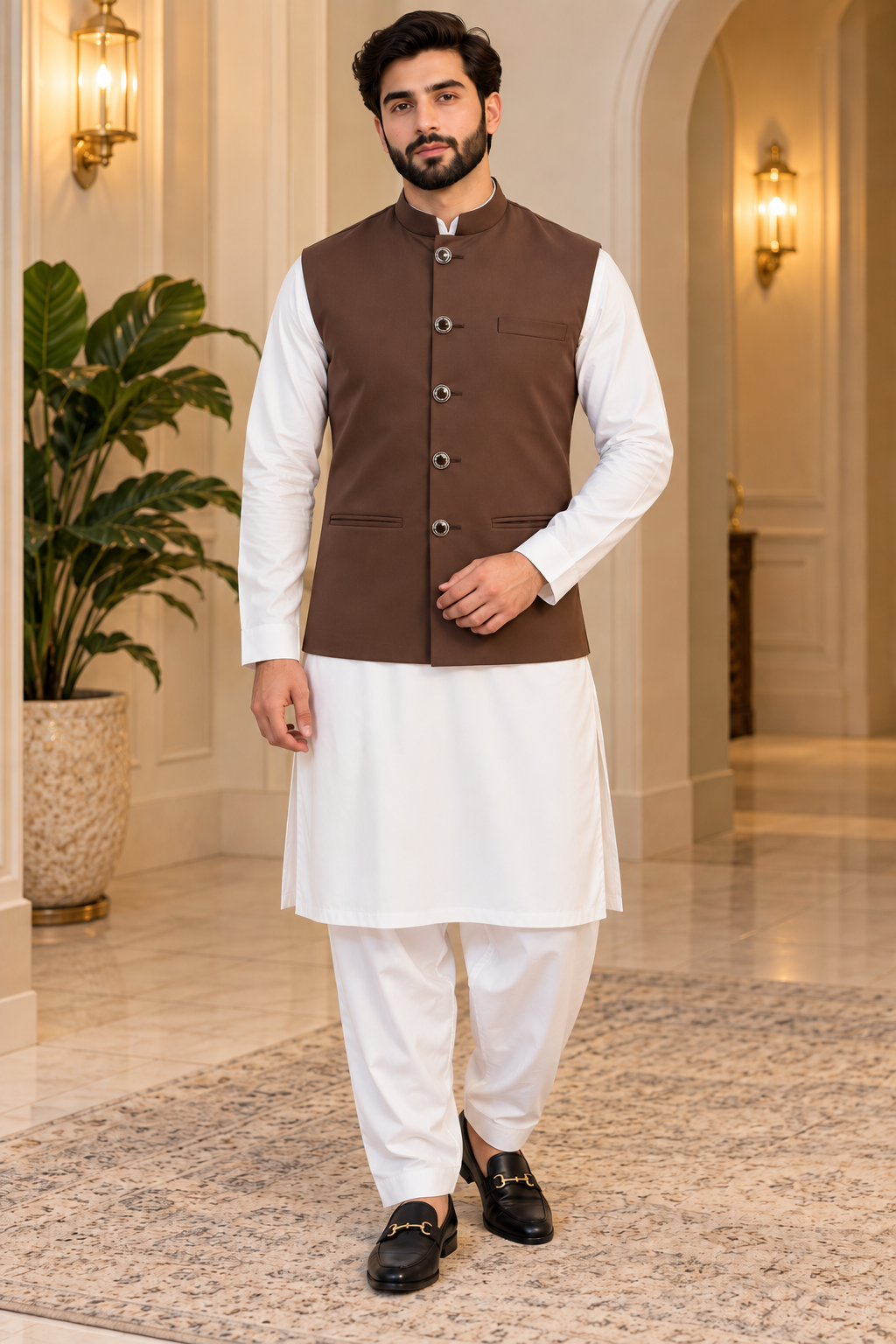 Brown Men’s Indian Nehru Jacket | Plain Wedding Waistcoat