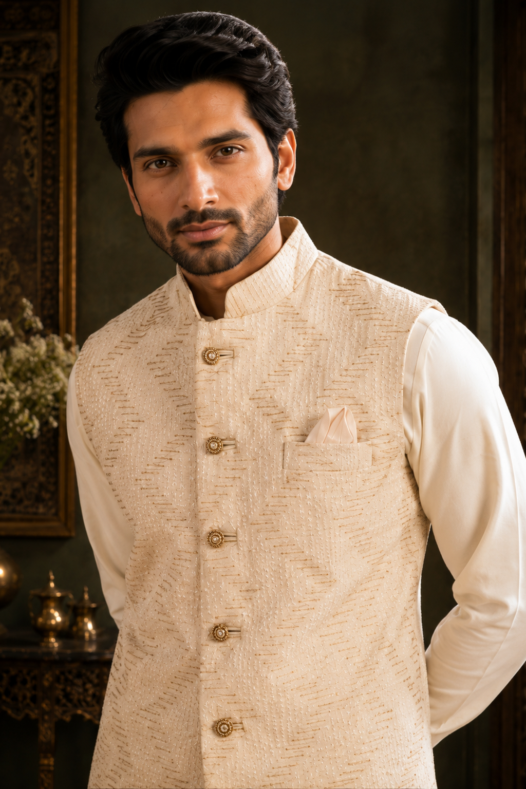 mens cream indian nehru jacket with thread and sequin embroidery for weddings and formal occassions Close view