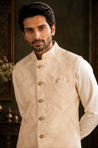 mens cream indian nehru jacket with thread and sequin embroidery for weddings and formal occassions Close view