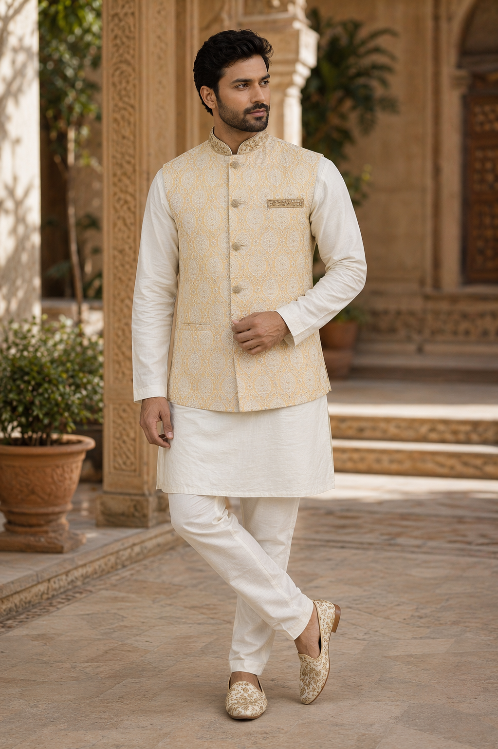 Cream gold embroidered Nehru jacket for men Indian formal waistcoat UK